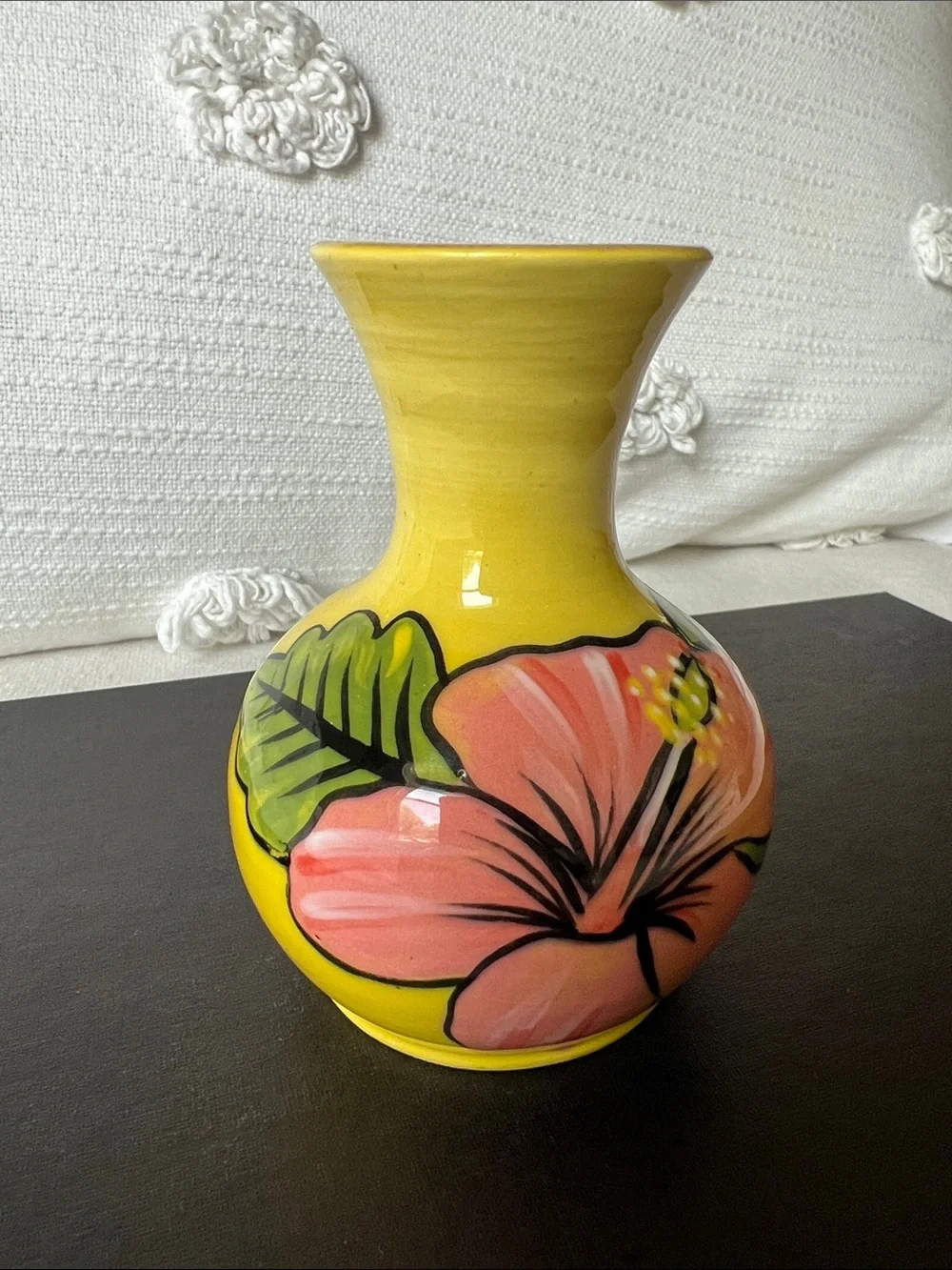 Wassi Art Hand-Painted Yellow Ceramic Vase with Pink Floral Motif, signed